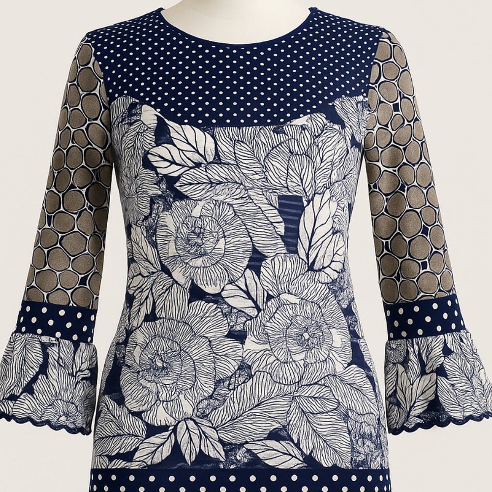 AHAC Designed by Kimmi Blouse Medium Blue Floral Polka Dot Patchwork Top